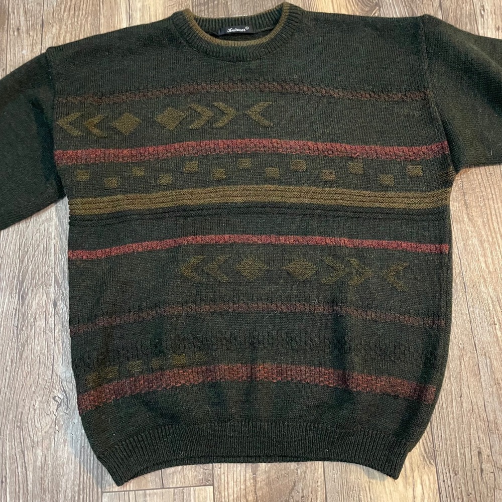 St Bernard Men Lg Green Geometric Fair Isle Acrylic Wool Alapaca Sweater‎ Knit